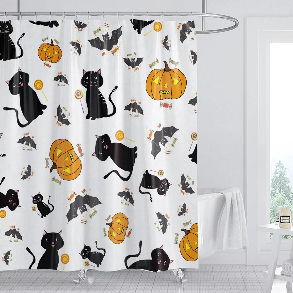 Halloween Shower Curtain Horror Wizard Pumpkin Cat Castle Bath Curtains Home Bathroom Bathtub Decoration Waterproof With Hooks