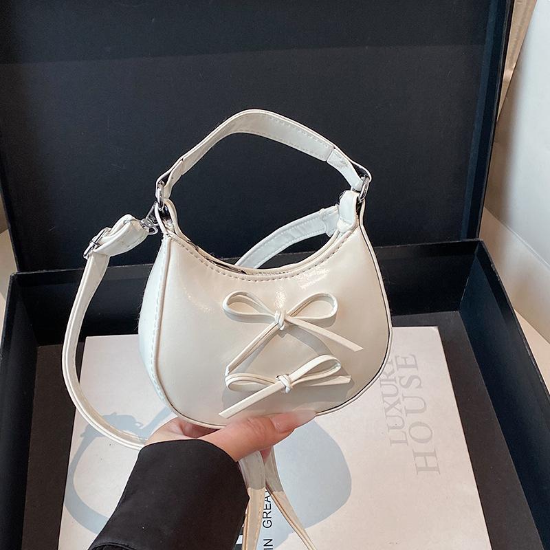 Cute Bowknot Shoulder Bag for Women Mini Hobo Bag Glossy Patent Leather Underarm Purse Vintage Y2K Crossbody Bag Sweet Girls Handbag
