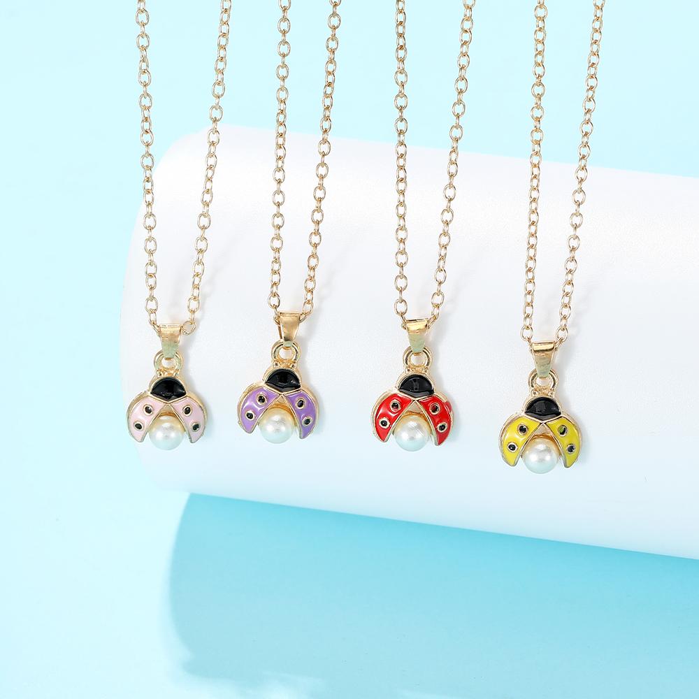 Cute Yellow Pink Red Purple Colors Mini Coccinella Pendant Necklace For Girls Golden Chain Jewelry Gift