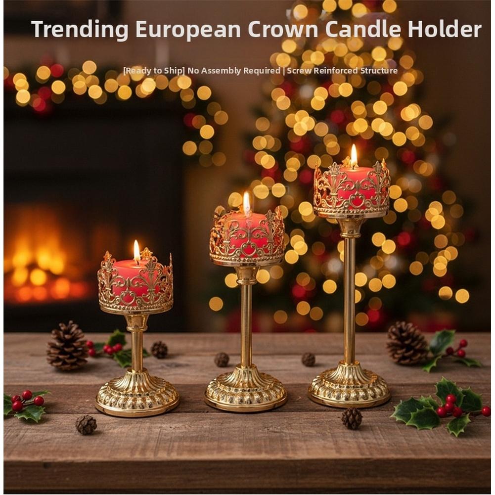 3 Piece Gold Hollow Crown Candle Holder European Style Iron Electroplated Finish For Living Room Dining Wedding Party Decor