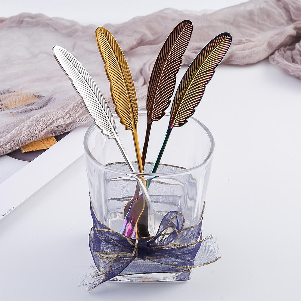 HANYANG Feather Spoon Golden 304 Stainless Steel Fruit Fork Literary Small Spoon Spoon Spoon Creative Tableware Colorful Feather Spoon