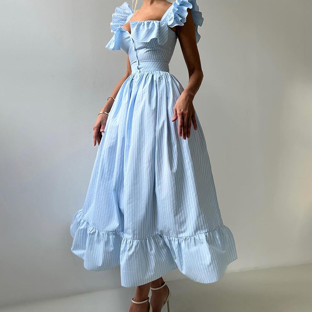 Striped dress European and American summer new button cardigan waist long dress flying sleeve dress women