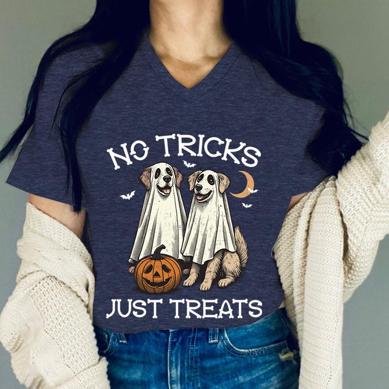 No Tricks Just Treats Graphic T Shirts Women Dog Lovers Gifts Halloween Ghost TShirt Vintage Pumpkin Halloween Ghost Tshirts
