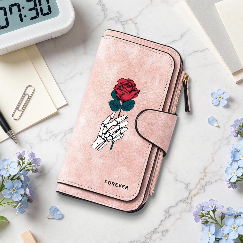 Gothic Skeleton Rose Print Long Wallet Fashion Multi Slot Portable Forever Purse 