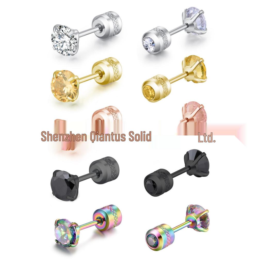Mixed Round Zirconia Stud Earrings Set, Stainless Steel, Four-Prong Design.