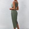 Women Olive Green Satin Cowl Neck Sleeveless Ruched Waist Bodycon Midi Dress
