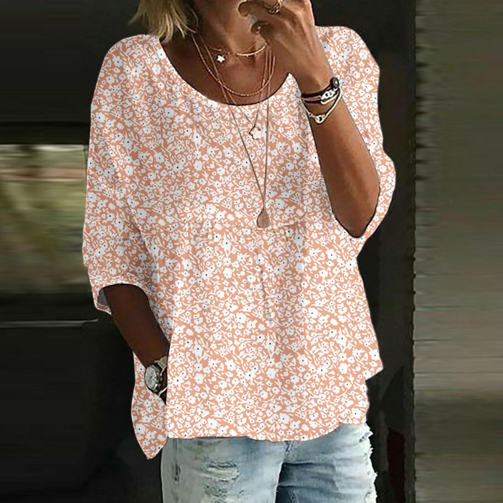 

Women s Casual Fashion Three-quarter Sleeve Loose Round Neck Floral Print Top L бежевий