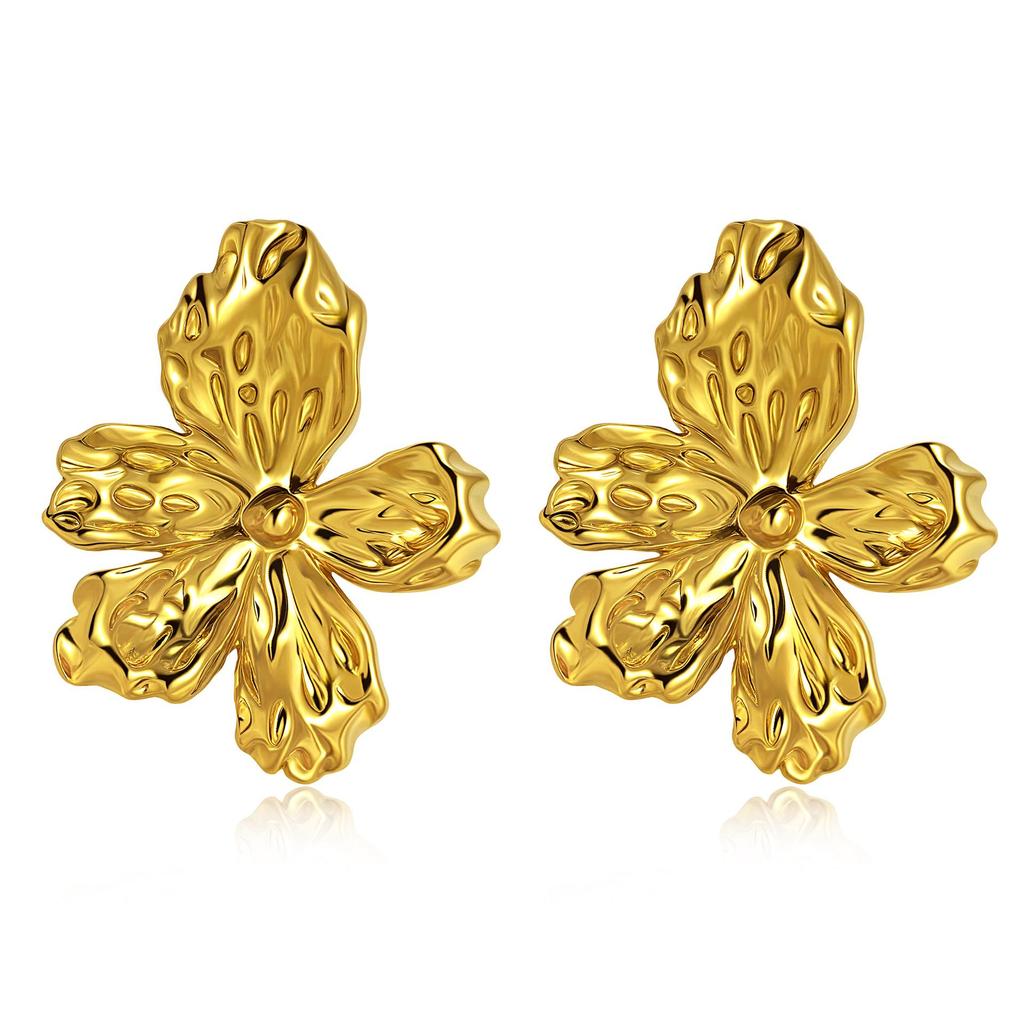 18K Gold Plated Floral Earrings - French Retro Style with Elegant Charm