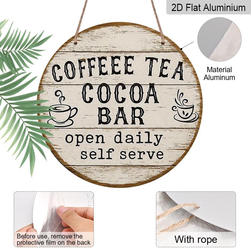 2D Flat, 1pc 7.87x7.87 Inch Round French Aluminum Sign, Vintage Decorative Plaque for "Coffee Tea Cocoa Bar", "Coffee Bar" Decorative Sign, Suitable