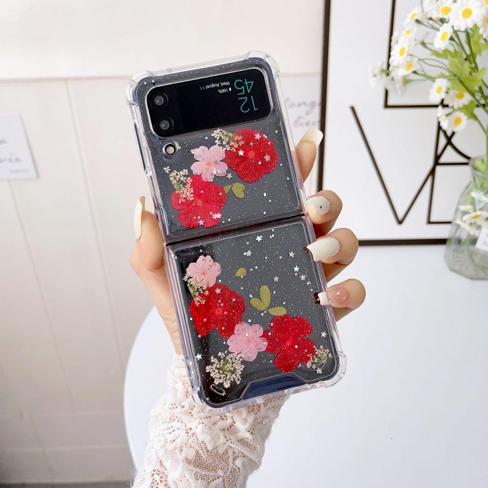 For Samsung Z Flip 3 Case 5g Dried Flowers Transparent Fold Case For Samsung Galaxy Z Flip 4 Zflip4 Shockproof Hard Back Cover