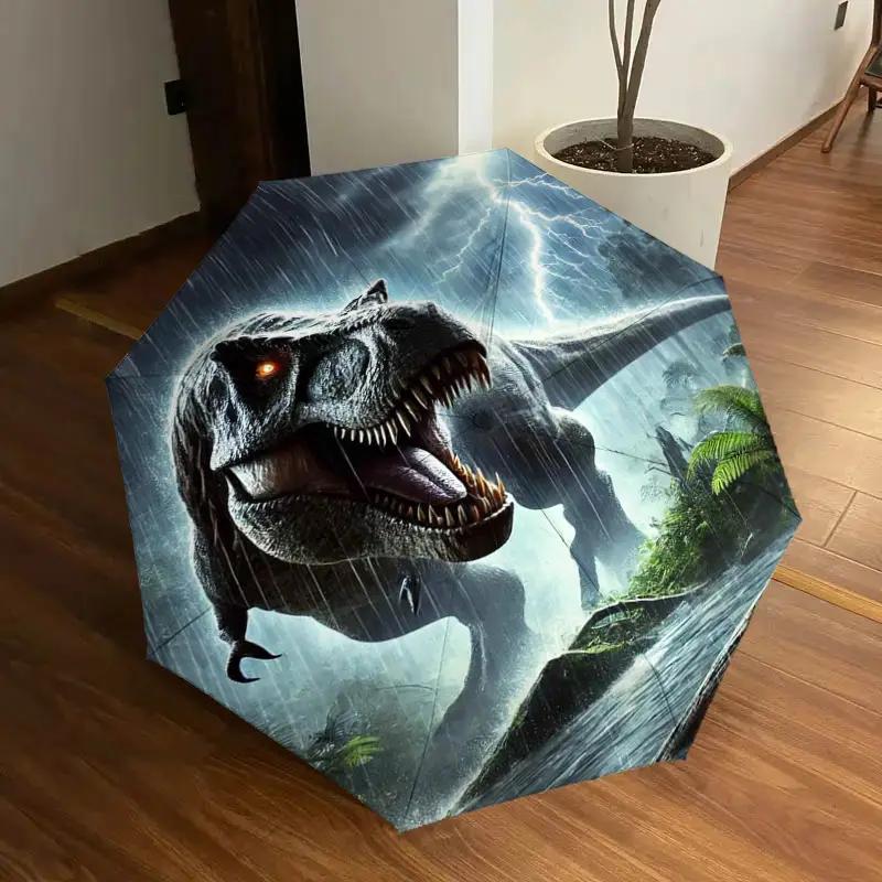 1 Stück Dinosaurier-Sturm-Muster-Design Kleiner Reise-Tragbarer Winddichter Regenschirm, Vollautomatischer Faltregenschirm, Ein-Knopf-Automatik