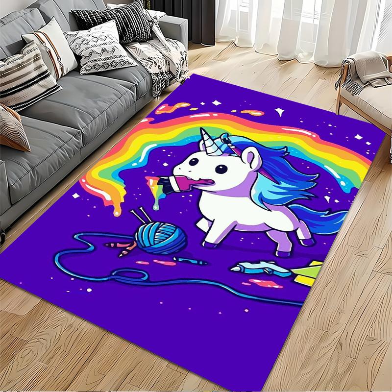 Colorful Unicorn with Rainbow Yarn Delight Non-slip rug suitable for living room and bedroom sofas.