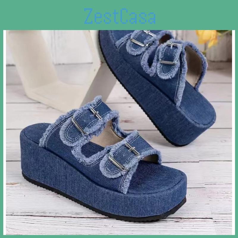 Denim Sized Large Crinkle And Belt Buckle Sandals For Women Wearing Thick Soled Slippers On The Outside