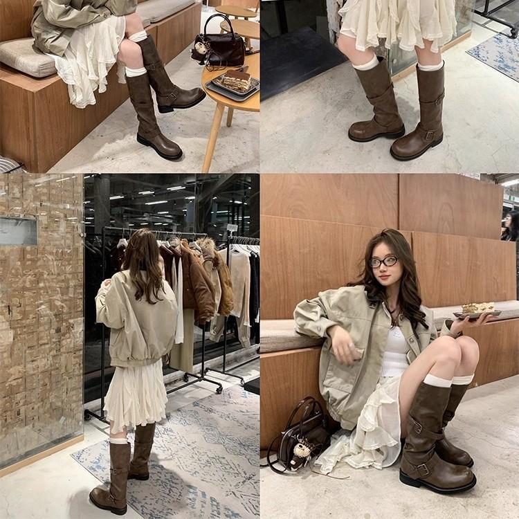 Cowhide Version~ Dune Aesthetics Velvet Retro Double Buckle 2025 New Medium and High Tube Western Boots Female Knight Boots Winter