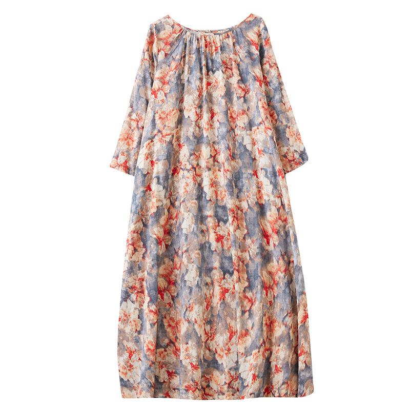 Vestido Casual Solto Estampado de Outono Tamanho Plus Size Gola Redonda Manga Comprida para Mulheres Vestidos