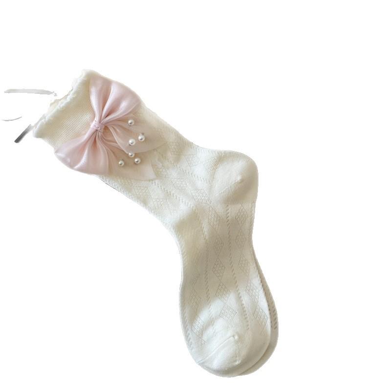Cream White Hollow Breathable Cotton Ruffle Bow Calf Socks Kawaii Jk Lolita Daily Party Dress Accessory Women Socks