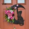 Indoor Dark Theme Soft Furnishings Halloween Black Cat Moon Wreath, Gothic Crescent Grapevine Wreath with Style Holiday Home Accents Rose Flowers,
