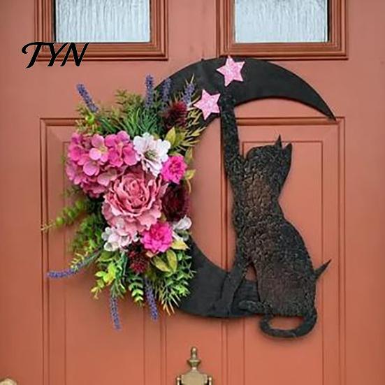 Indoor Dark Theme Soft Furnishings Halloween Black Cat Moon Wreath, Gothic Crescent Grapevine Wreath with Style Holiday Home Accents Rose Flowers,