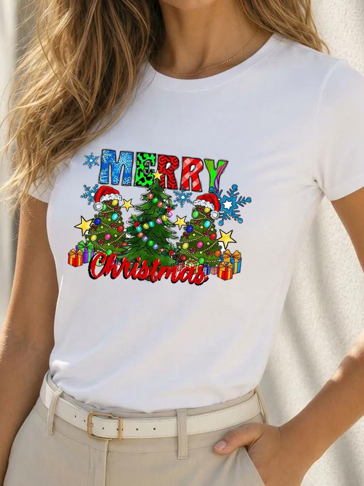 (Asian Size) Short Sleeve T-shirts Happy Festival Merry Christmas Fashion Women's Top O-neck T Shirt Print Casual New Year Clothing Graphic Tee