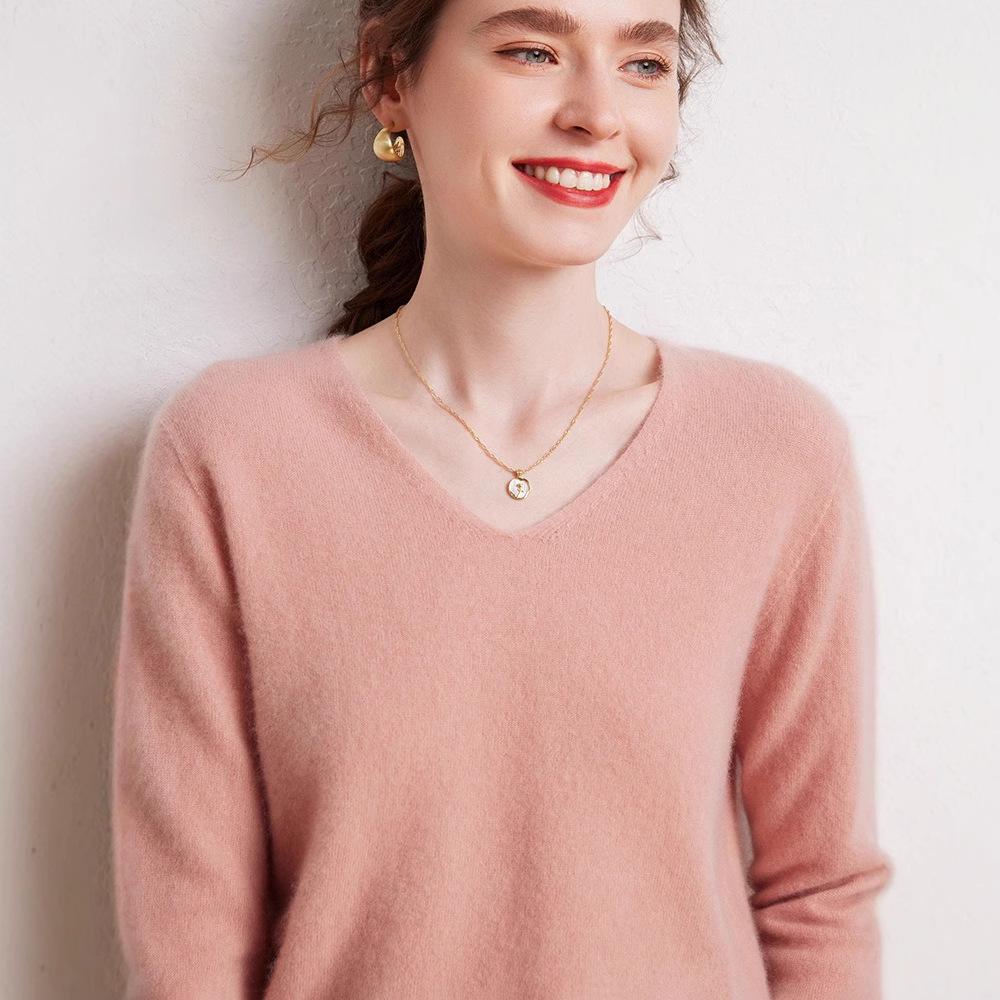 Women's 100% Pure Cashmere V-neck Sweater, Autumn Winter Long Sleeve Knit Pullover Top