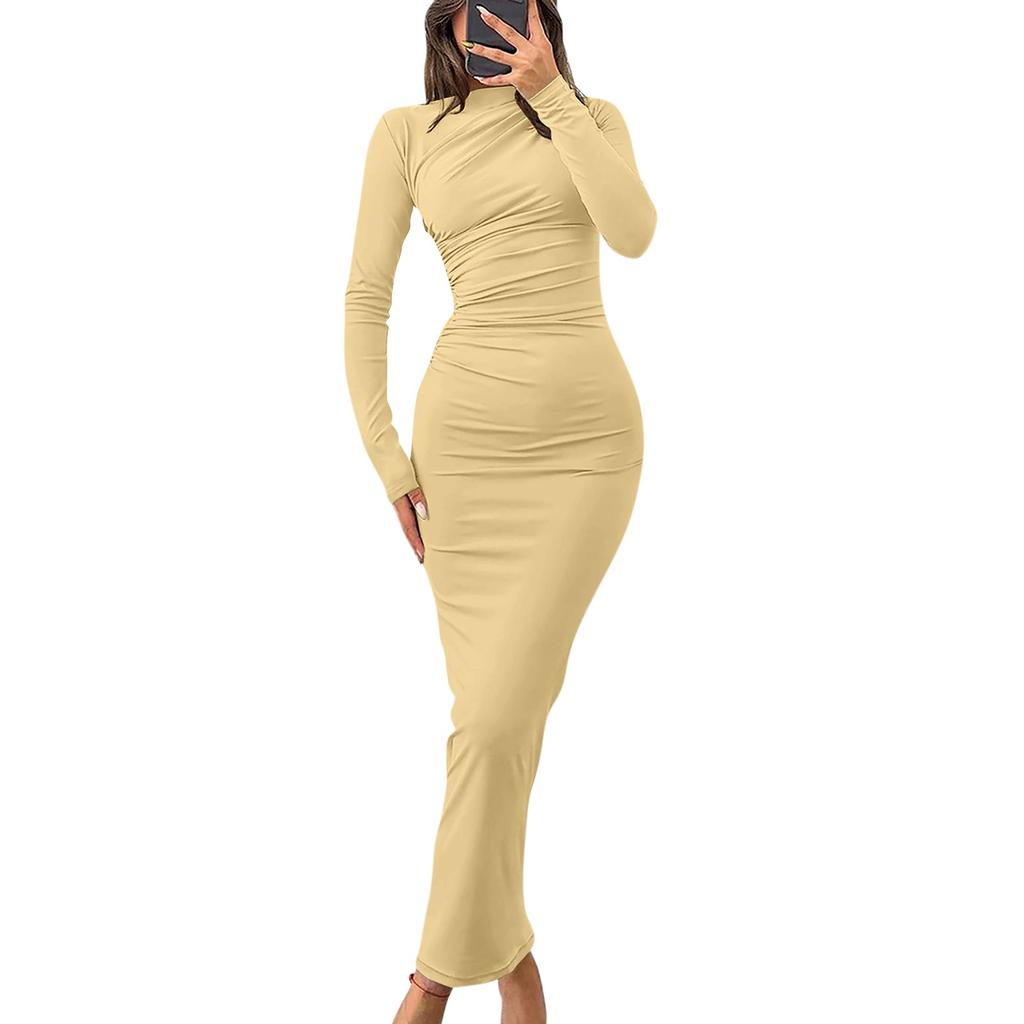 Women's Fall Long Sleeve Bodycon Maxi Dresses Sexy Ruched Neck Slim Fit Cocktail Party Dress