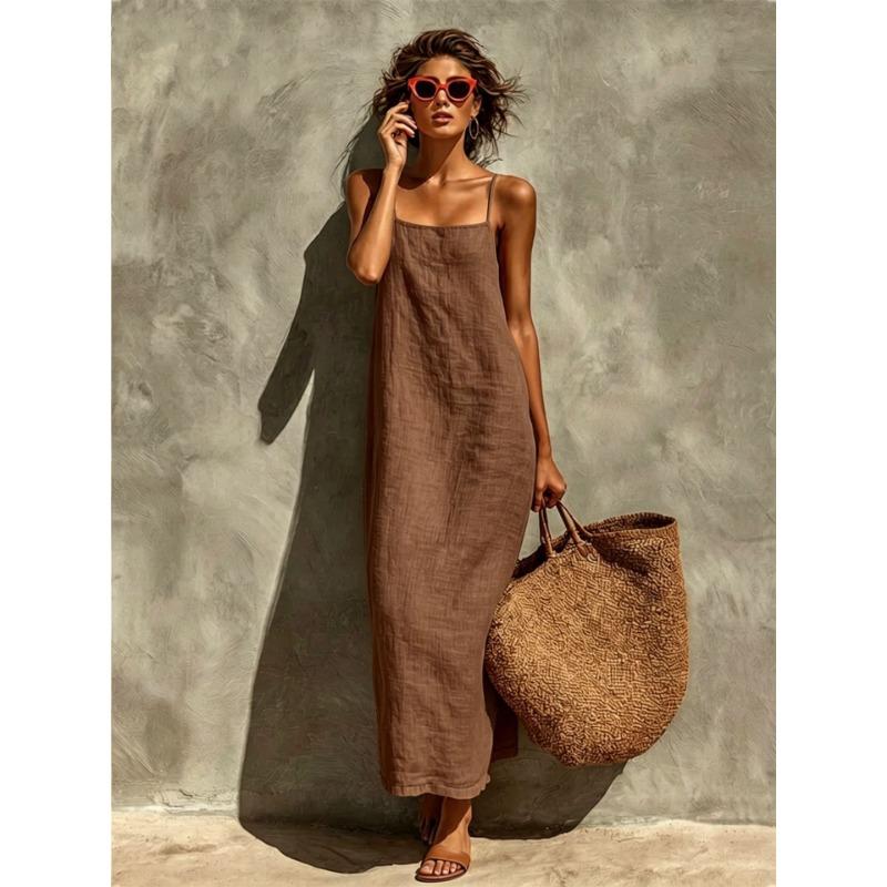 Abito lungo estivo da donna casual, tinta unita, senza maniche, in lino