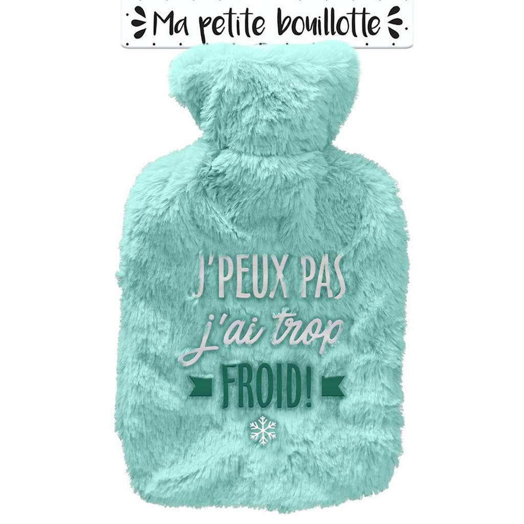 Les Trésors De Lily [A3014] - Bouillotte fourrure 'J'peux pas- j'ai trop froid ! ' turquoise - 27x16 (1L)