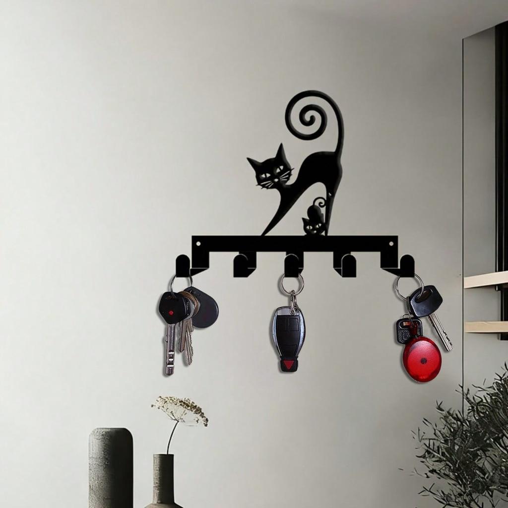 Modern Black Cat Key Holder Wall Mounted Metal Hanger with 5 Hooks Gift for Cat Lovers