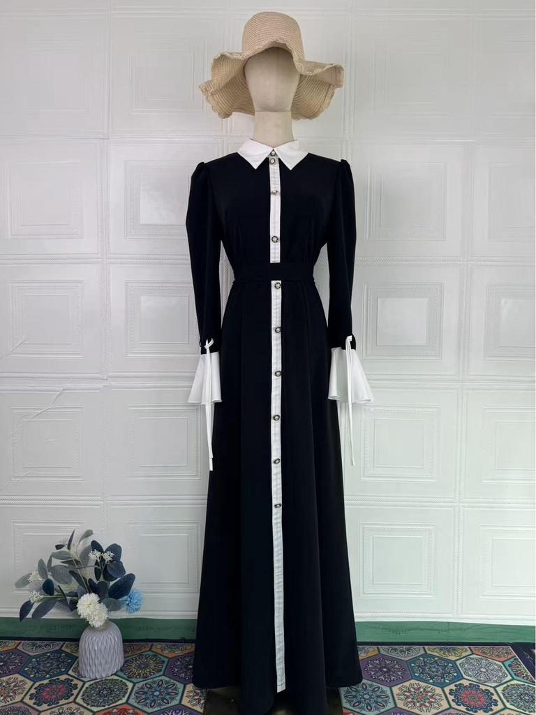 European & American 2026 Vintage College-Style Spring Long-Sleeve Waist-Cinching Dress