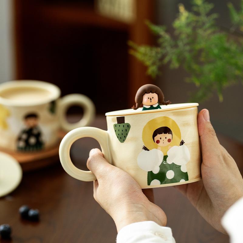 Retro Boy and Girl Couple Water Cup Ceramic Cup with Lid Mug Couple Breakfast Cup Coffee Cup