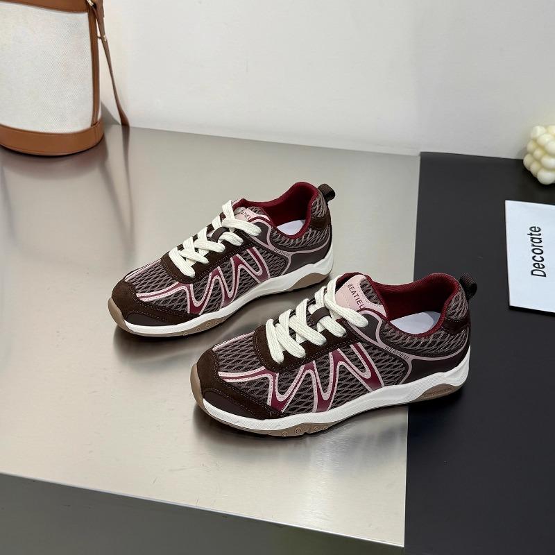 Damen Leder Mesh Frühherbst neu runder Kopf dicke Sohle atmungsaktiv lässige Sportschuhe Tide