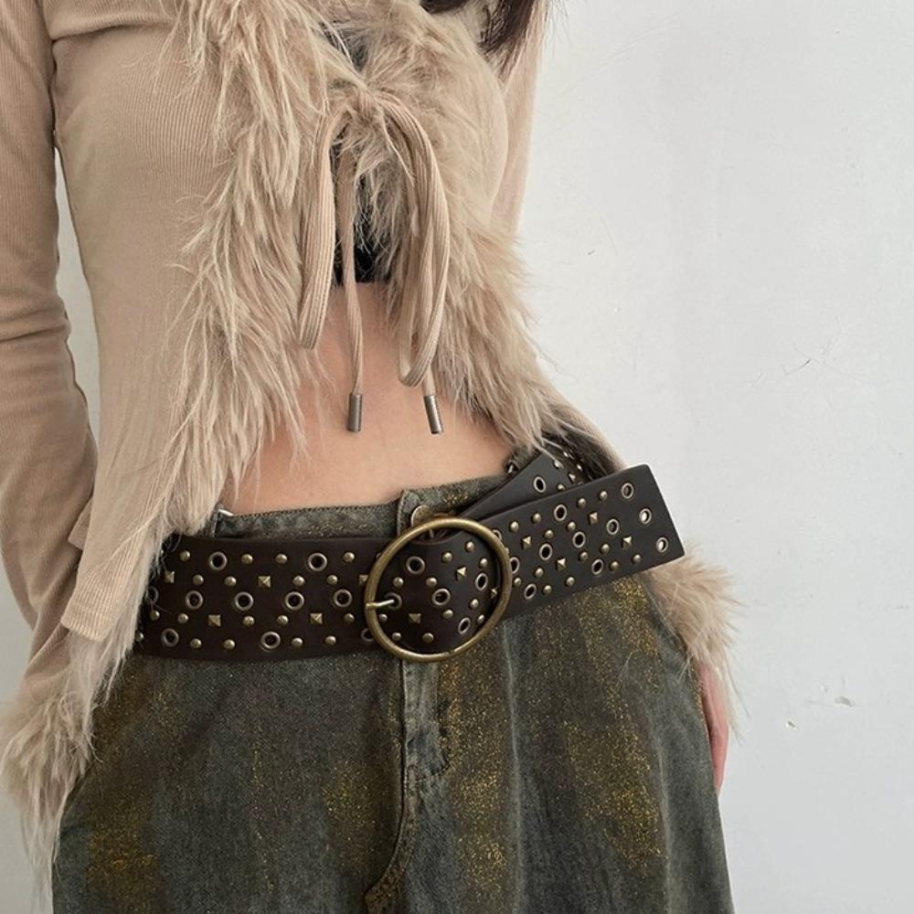 Rivet Cowgirl Belt Harajuku PU Leather Belt Simple Wide Waistband  Pants