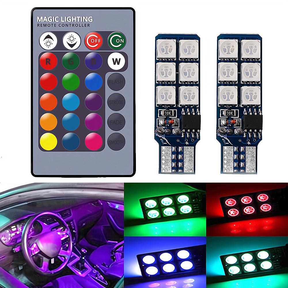 Auto Interior Decoration Lamp T10 W5W 5050 Atmosphere Car Light 12V RGB 12LED Blub with Remote Controller Colorful Reading Lamp
