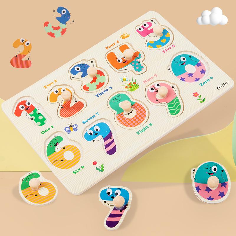 Baby Wooden Peg Puzzle Toy, Early Learning Hand Grasp Board, Cognition Number Animal Shape Fruit Educational Jigsaw Game