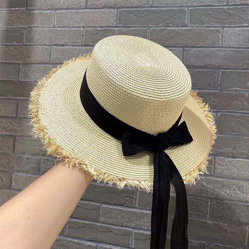Flat-top straw hat women's straw top hat, new summer big-brimmed sun hat, seaside vacation sun hat