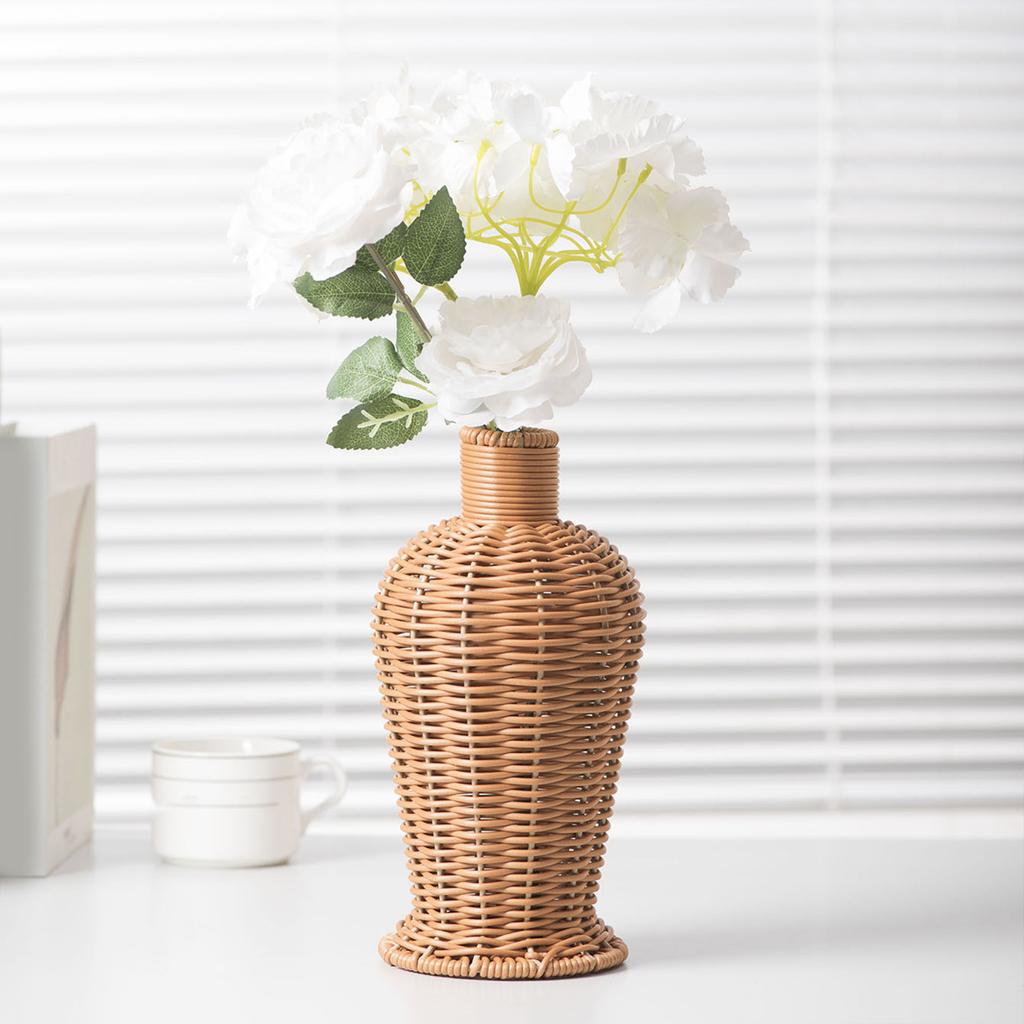 Farmhouses Vintage Faux Rattan Woven Flower Vase for Home Kitchen Imitation Wicker Florals Holder Container Table Decors