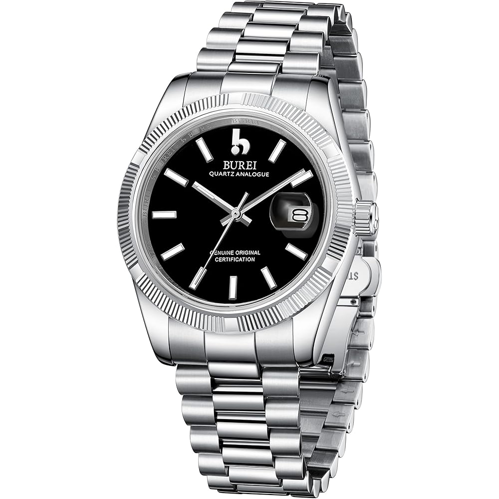 BUREI Men's Analog Quartz Watch Waterproof Simple Fashion Black Silver Night Glow Business Timepiece