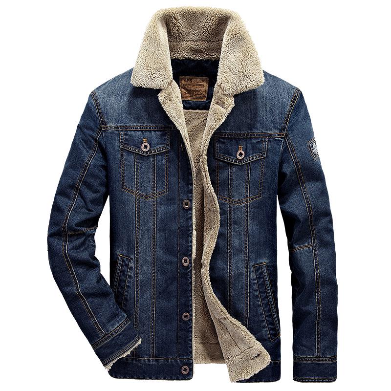 Men's American-Style Casual Denim Cotton Jacket with Plush Lining, Loose Fit, Thickened for Cold Weather.