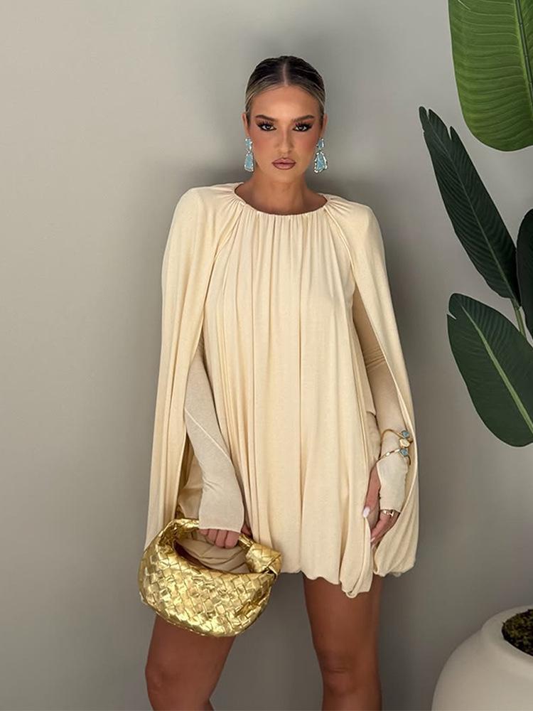 Korean Plus Size Pleated Cape Dress - European & American Early Autumn 2025 Small