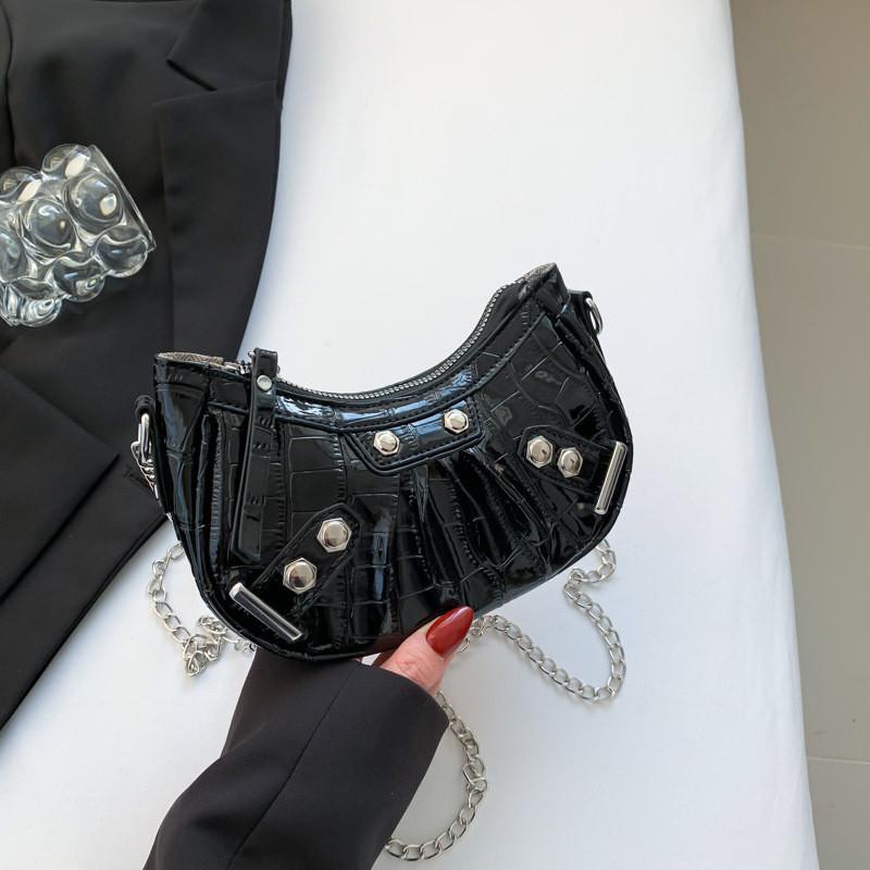 Stylish Pu Stone Pattern Chain Shoulder Bag For Women Black