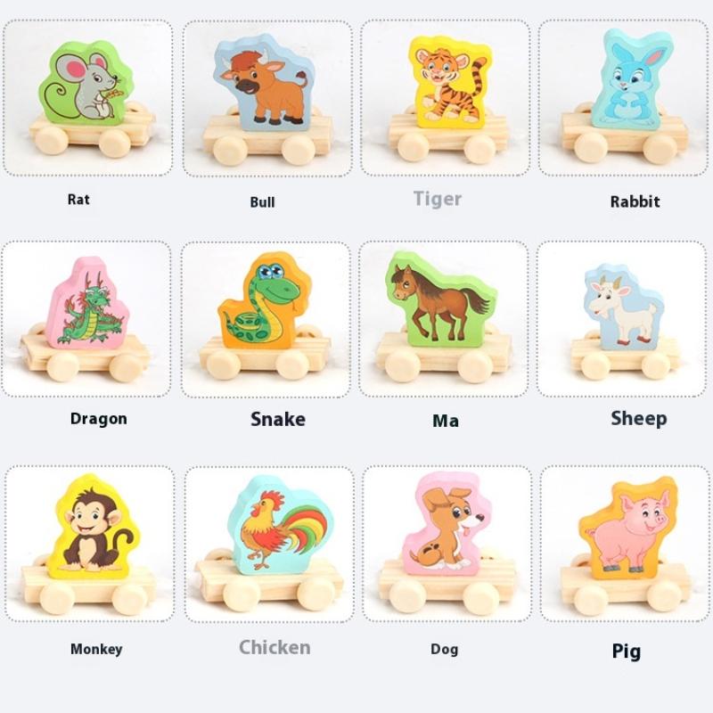 Children's Wooden Train with Numbers and Chinese Zodiac Signs