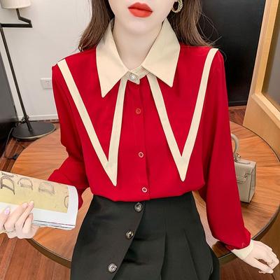 Frühling Herbst Kleidung Koreanische Mode Große Scharfe Revers Bluse Büro Rot Schwarz Unteres Hemd Top Damen Patchwork Shirts