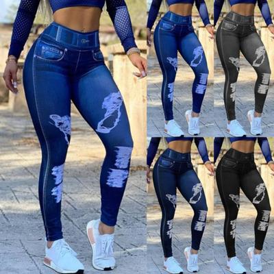 2024 Herbst Winter Damen Hohe Taille Hohe Elastische Imitation Denim Leggings Einfarbig Fitness Sport Yoga Hosen
