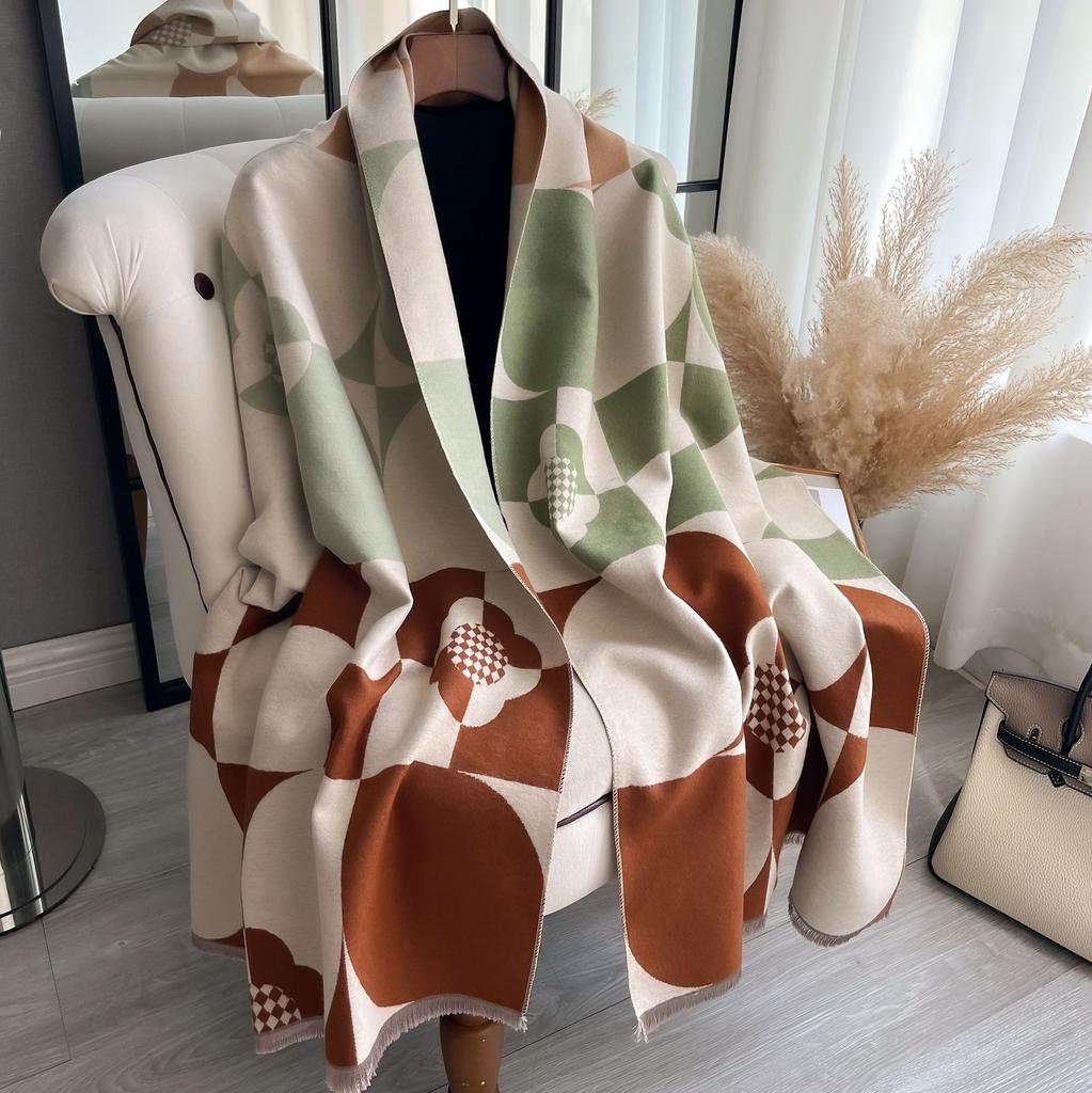 Scarf Double-Sided Warm Four-Leaf Plaid Fashionable And Elegant Imitation Cashmere Scarf Shawl Women