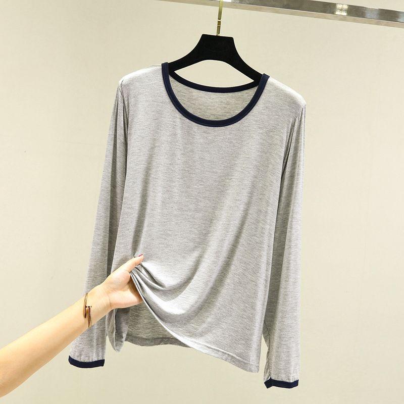 

Модальная футболка с круглым вырезом и длинными рукавами для женщин, осенняя тонкая повседневная футболка, больших размеров, свободная, подчеркивающая фигуру, универсальная Light gray 2XL (70.00 kg-80.00 kg recommended