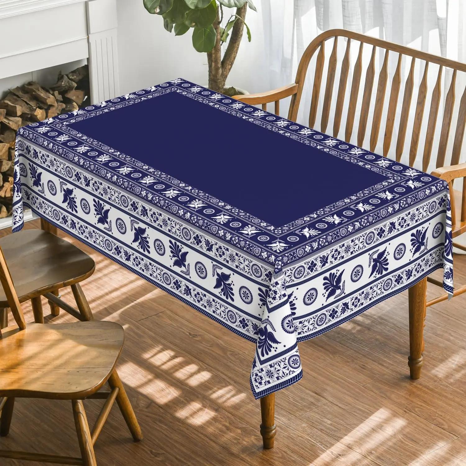 Blue Mexican Floral Birds Rectangle Tablecloth Patchwork Tiles Waterproof Home Party Kitchen Dining Table Cover Decor 90x140cm35x55inch