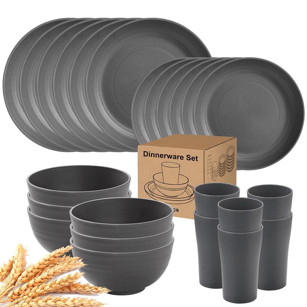 Eco-Friendly Wheat Straw 24-Piece Dinnerware Set: Plates, Bowls, Cups & Cutlery