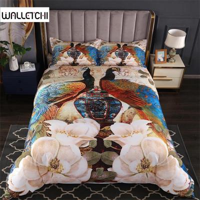 Luxury Pink Peacock Duvet Cover Floral Bedding Set Retro Peacock Animal Feather Theme Comforter Cover for Bedroom Decoration