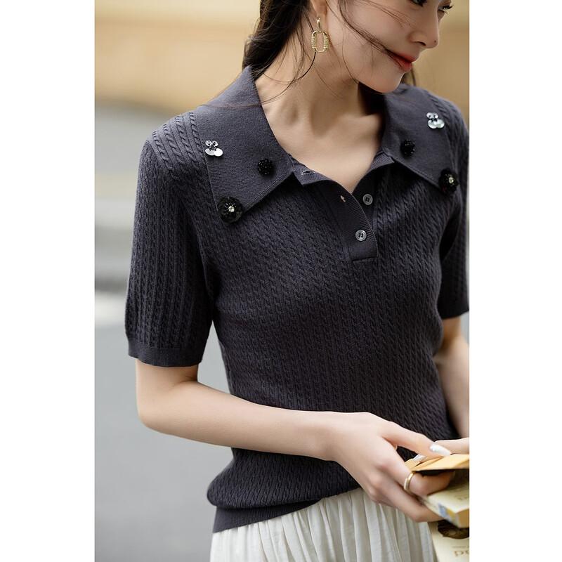 Demana Damen Pailletten Blumen Kurzarm Polo Strickoberteil