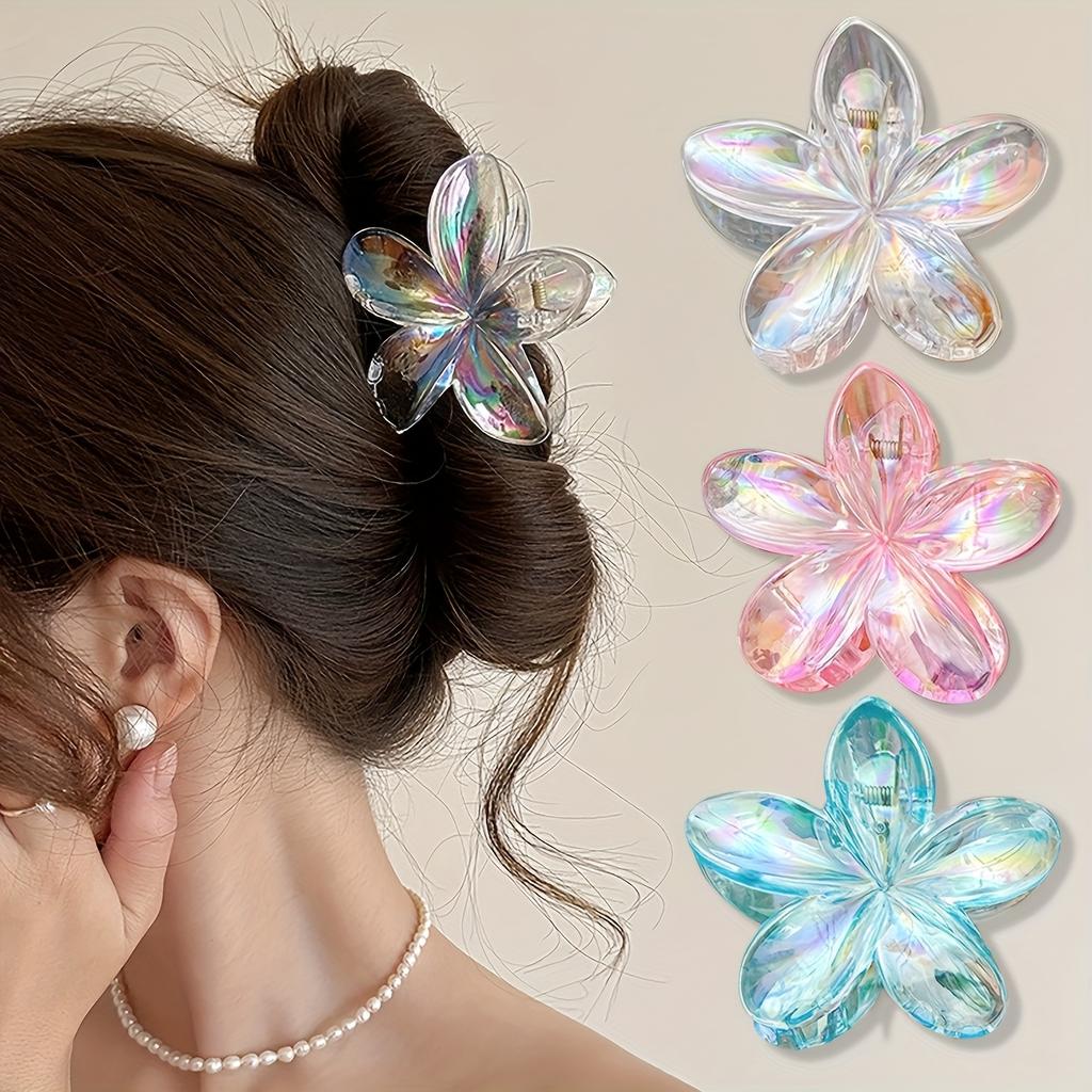 3pcs Transparent Egg Flower Hair Clips | High Ponytail Claw Clips, Simple Fresh Daily Wear Shark Clips for Spring and Summer